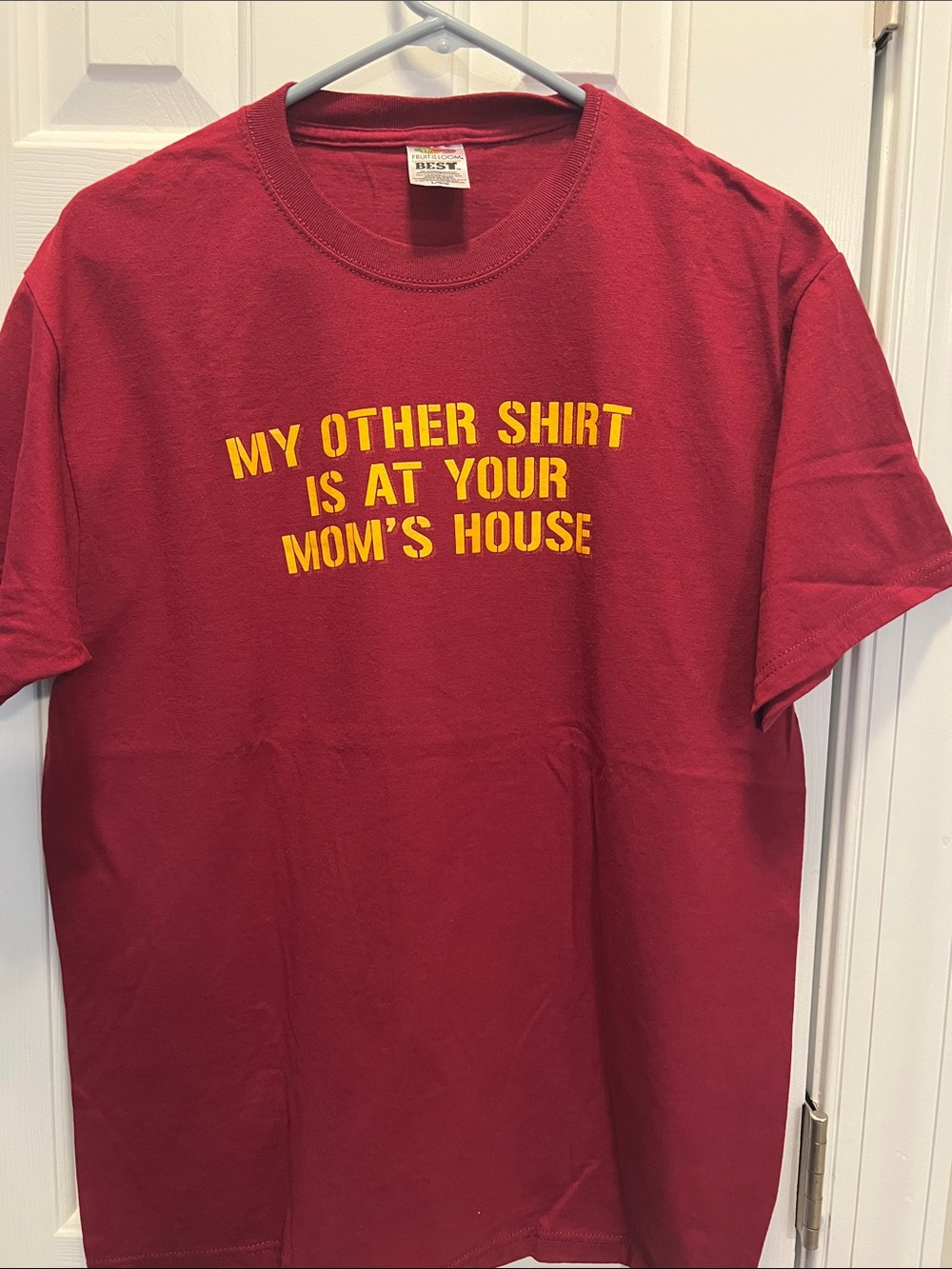 Fruit of the Loom Red Short Sleeve Tee with Yellow Graphic Slogan